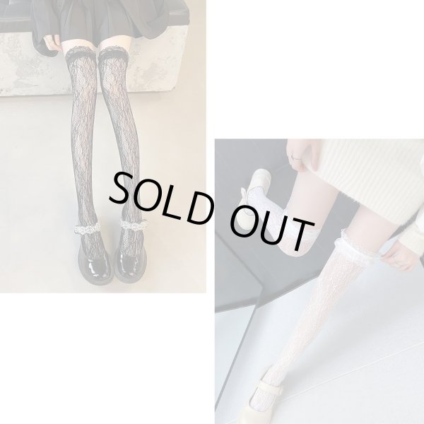 画像2: ニーハイ ソックス レース レディース ロリータ 【ブラック ホワイト 2足セット】 黒 白 靴下 網 フリル オーバーニー ニーソ 美脚 セクシー コスプレ COS-021 (2)