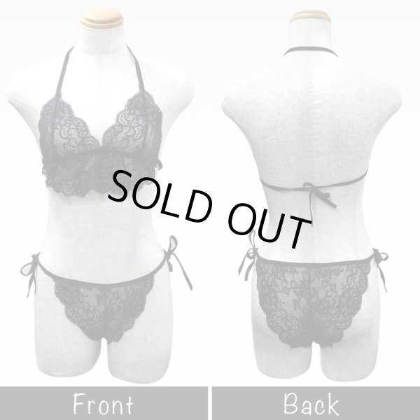 画像2: ランジェリー【黒 ブラック】 セクシー レース フリル シースルー 透け レディース 下着 女性用 ブラジャー ショーツ 上下セット ベビードール リボン ノンワイヤー LIG-014 (2)