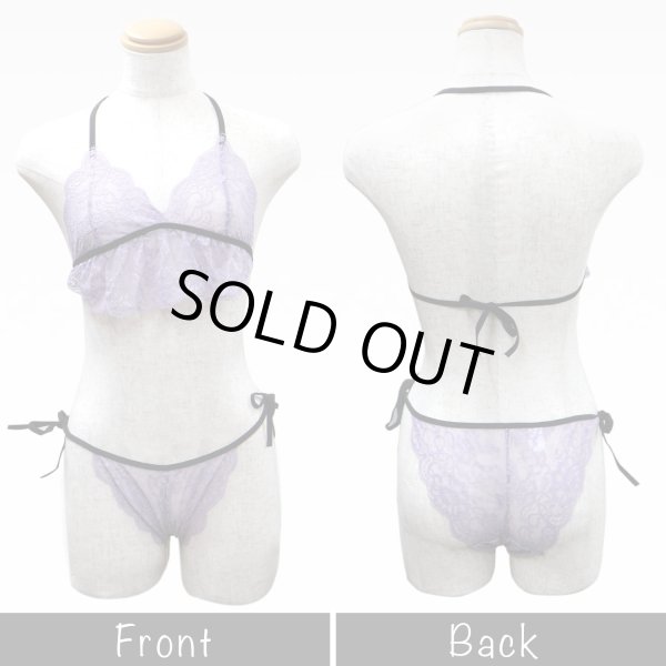 画像2: ランジェリー【紫 パープル】 セクシー レース フリル シースルー 透け レディース 下着 女性用 ブラジャー ショーツ 上下セット ベビードール リボン ノンワイヤー LIG-015 (2)