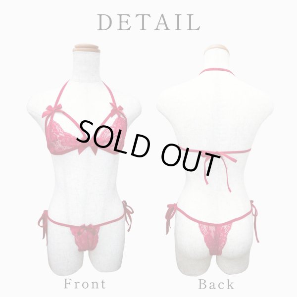 画像2: ランジェリー【レッド】 赤 ブラジャー ショーツ 上下セット セクシー ノンワイヤー リボン レース フリル レディース 下着 女性用 LIG-031 (2)