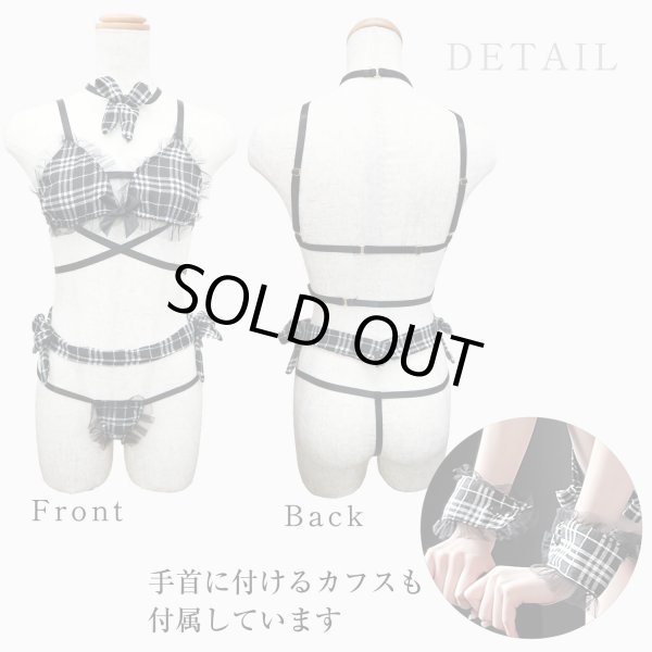 画像2: ランジェリー 上下セット セクシー 黒 ブラック【チェック柄】 エロ 過激 変態 かわいい リボン フリル レース コスプレ レディース 下着 女性用 ブラジャー ショーツ LIG-032 (2)